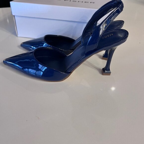 Marc Fisher Hadya Dark Blue Patent Slingback Pointed Toe Heel 7.5 Like New - Picture 2 of 9